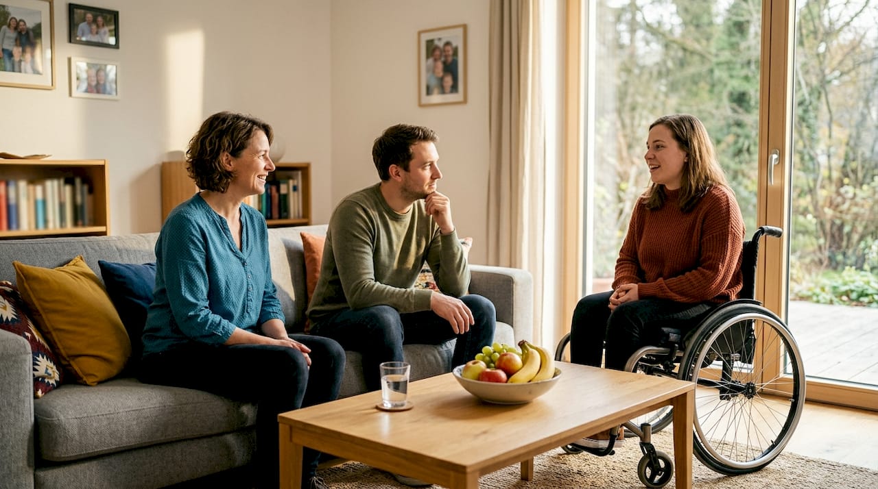 Drei Personen tauschen sich darüber aus, wie Inklusionshilfe im Alltag zu Hause gestaltet werden kann.
