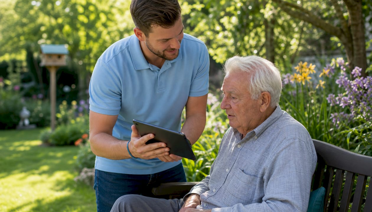 Eine Pflegekraft erklärt einem älteren Herrn verschiedene Dienstleistungen auf dem Tablet.