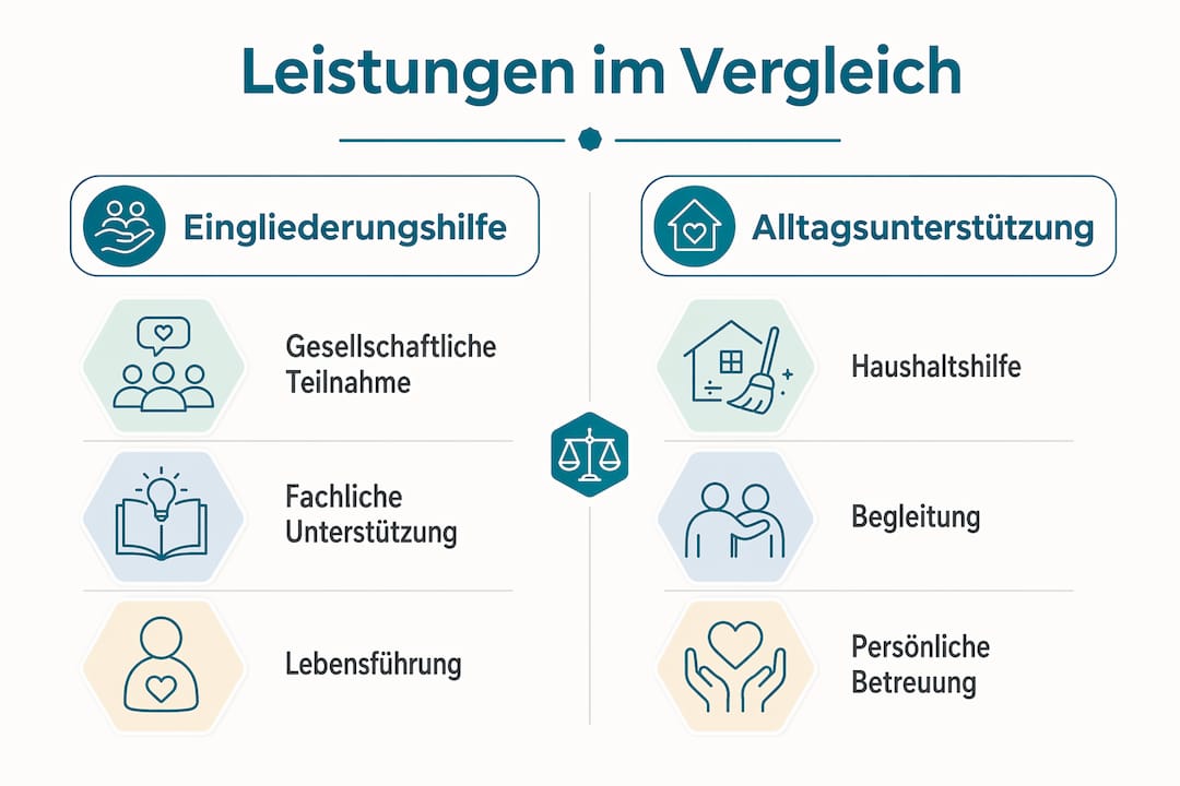 Die Infografik veranschaulicht die Unterschiede und Gemeinsamkeiten zwischen Eingliederungshilfe und Unterstützung im Alltag.