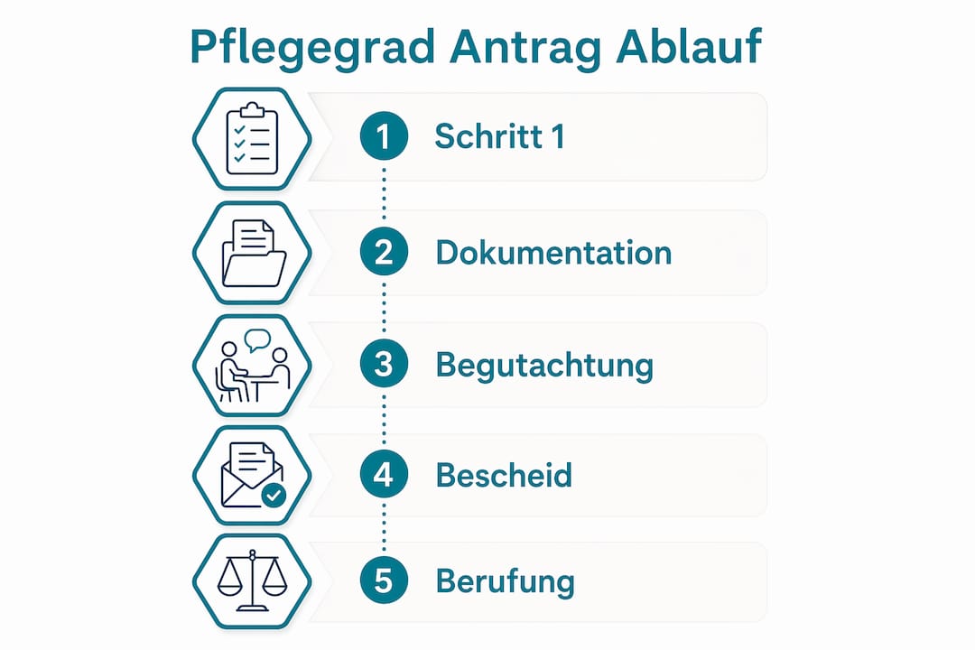 Schritt-für-Schritt-Infografik: So stellen Sie einen Antrag auf einen Pflegegrad