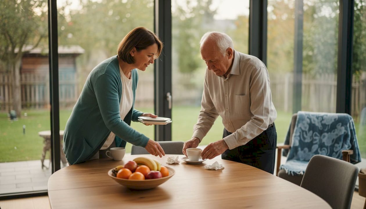 Ein Alltagshelfer unterstützt einen Senior bei der Küchenarbeit.