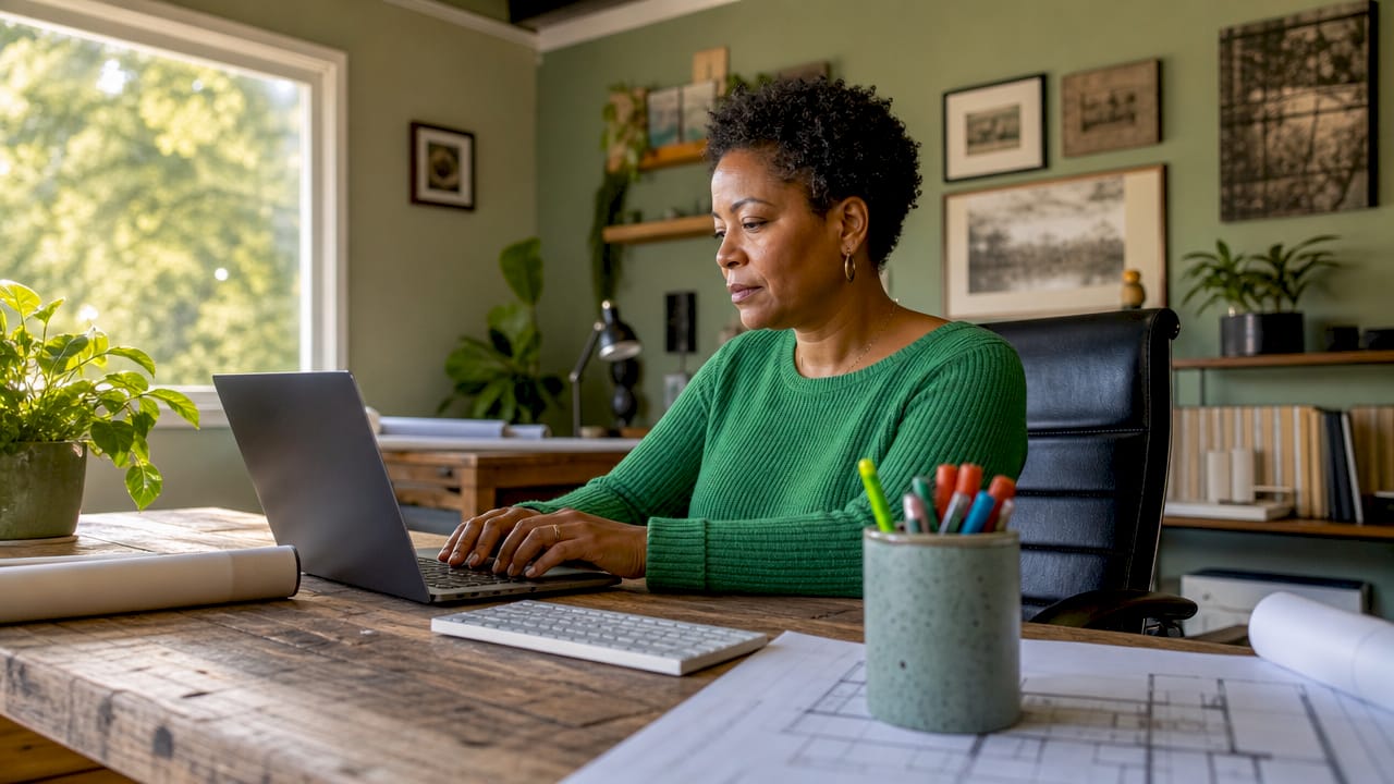 Woman working in converted garage home office