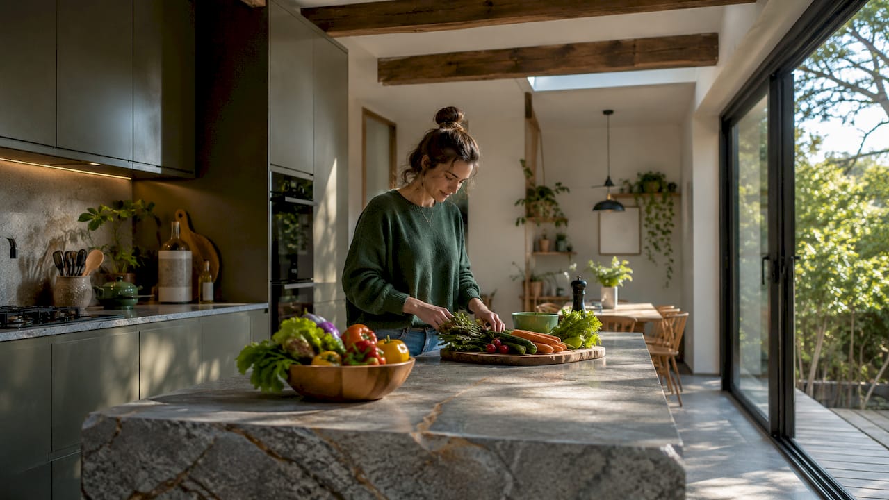Modern wraparound rear kitchen extension interior with natural light