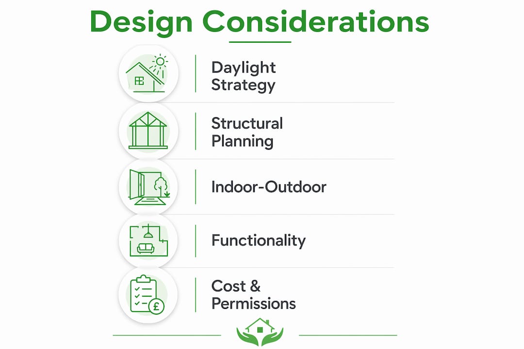 Infographic illustrating key design considerations for rear kitchen extensions