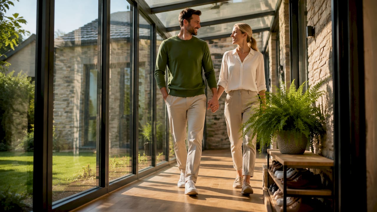 Couple walking in glass corridor linking garden room