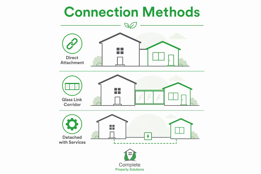 Infographic showing garden room connection methods in vertical flow