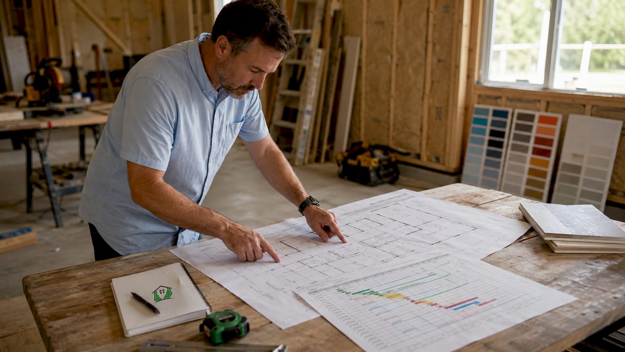 Contractor reviewing renovation stages on blueprint and timeline