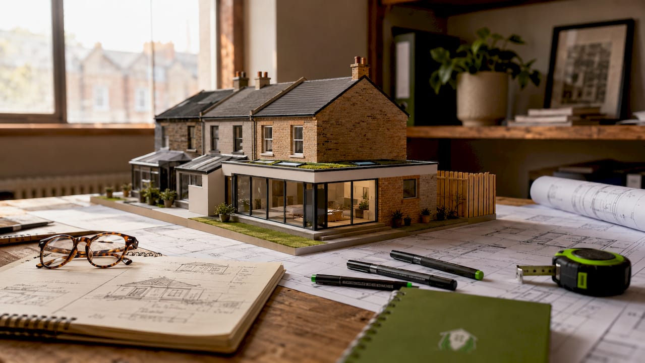 Scale model of wraparound home extension on drafting table