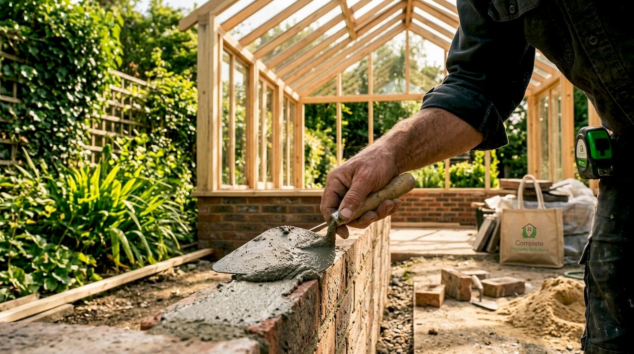 Close-up hands building orangery brick wall