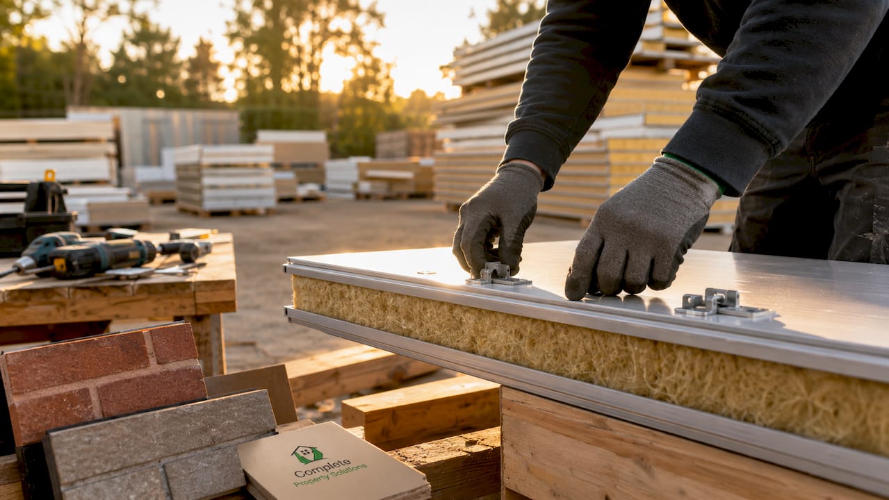 Hands assembling precision-engineered wall panel in factory