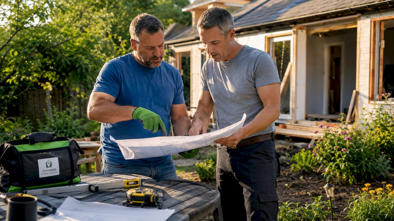 Contractors discussing renovation blueprint indoors