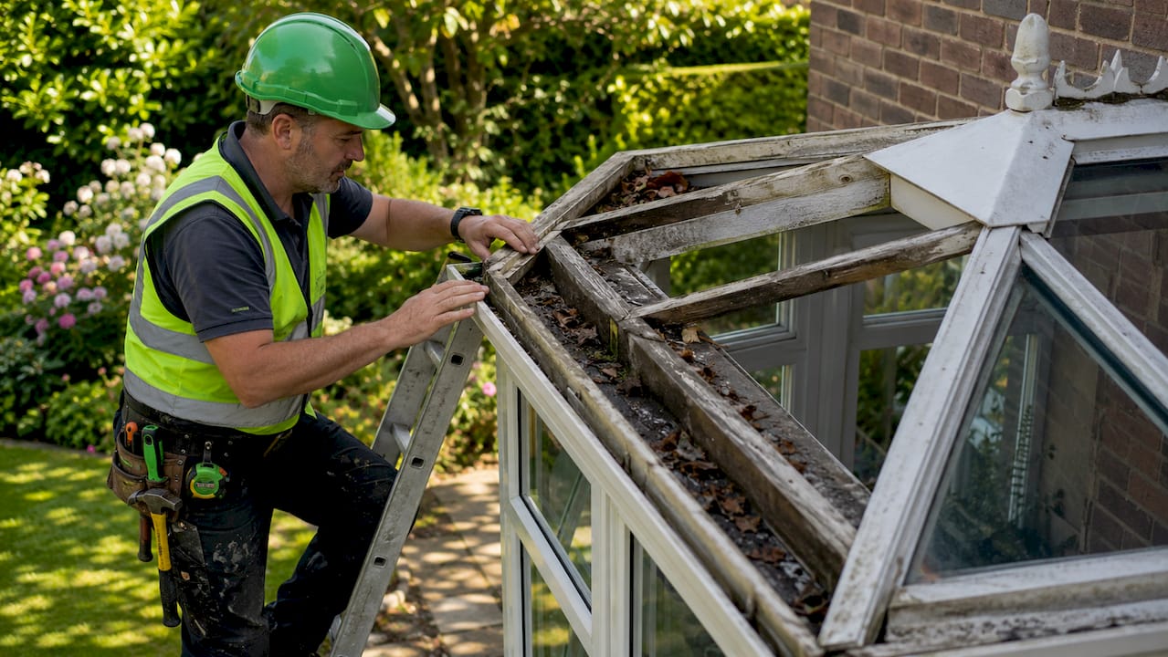 Roofer inspecting conservatory roof structure