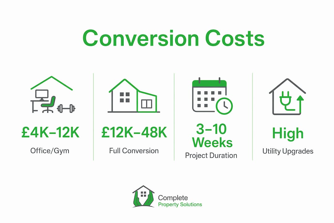 Infographic showing garage conversion cost ranges and timelines