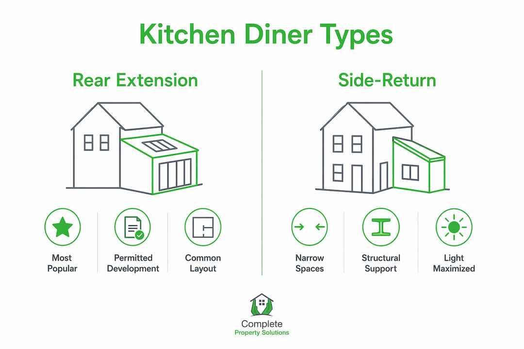 Infographic comparing kitchen diner extension types rear vs side-return