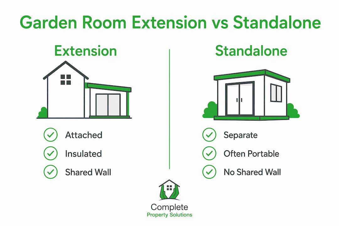 Comparison infographic of garden room extension and standalone garden room