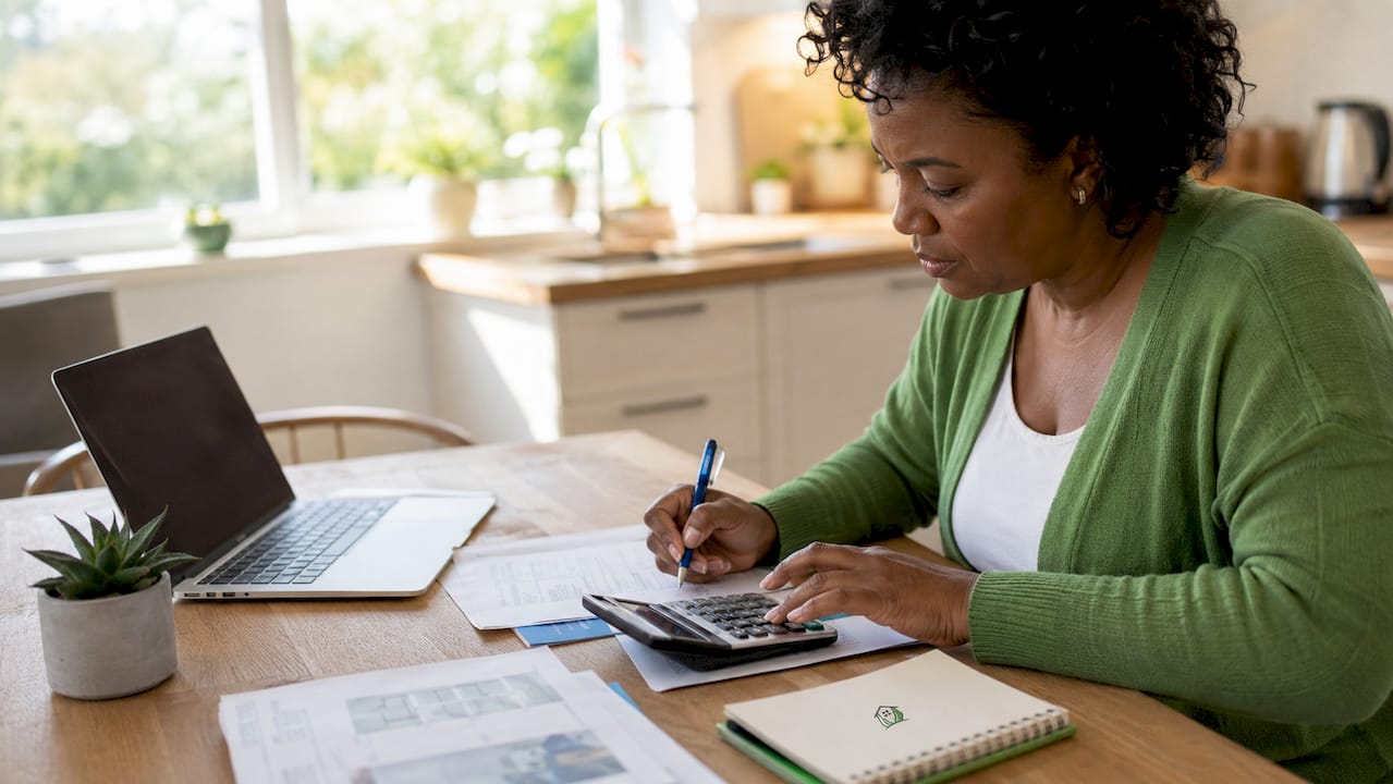 Hands calculating home extension costs on calculator