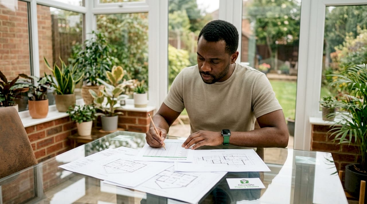 Hands calculating home extension ROI at table