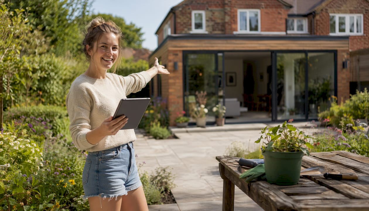 Homeowner inspecting single-storey rear extension outdoors