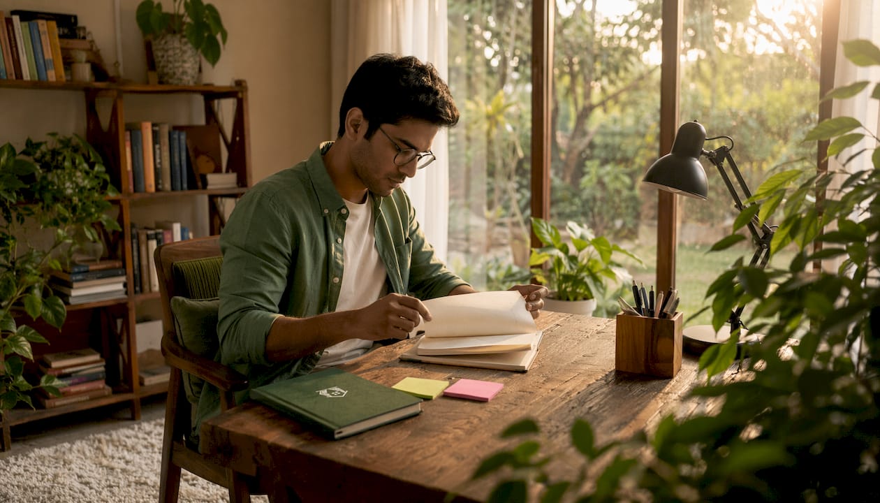 Man working in garden room home office interior