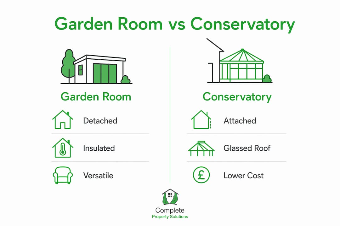 Infographic comparing garden room and conservatory features