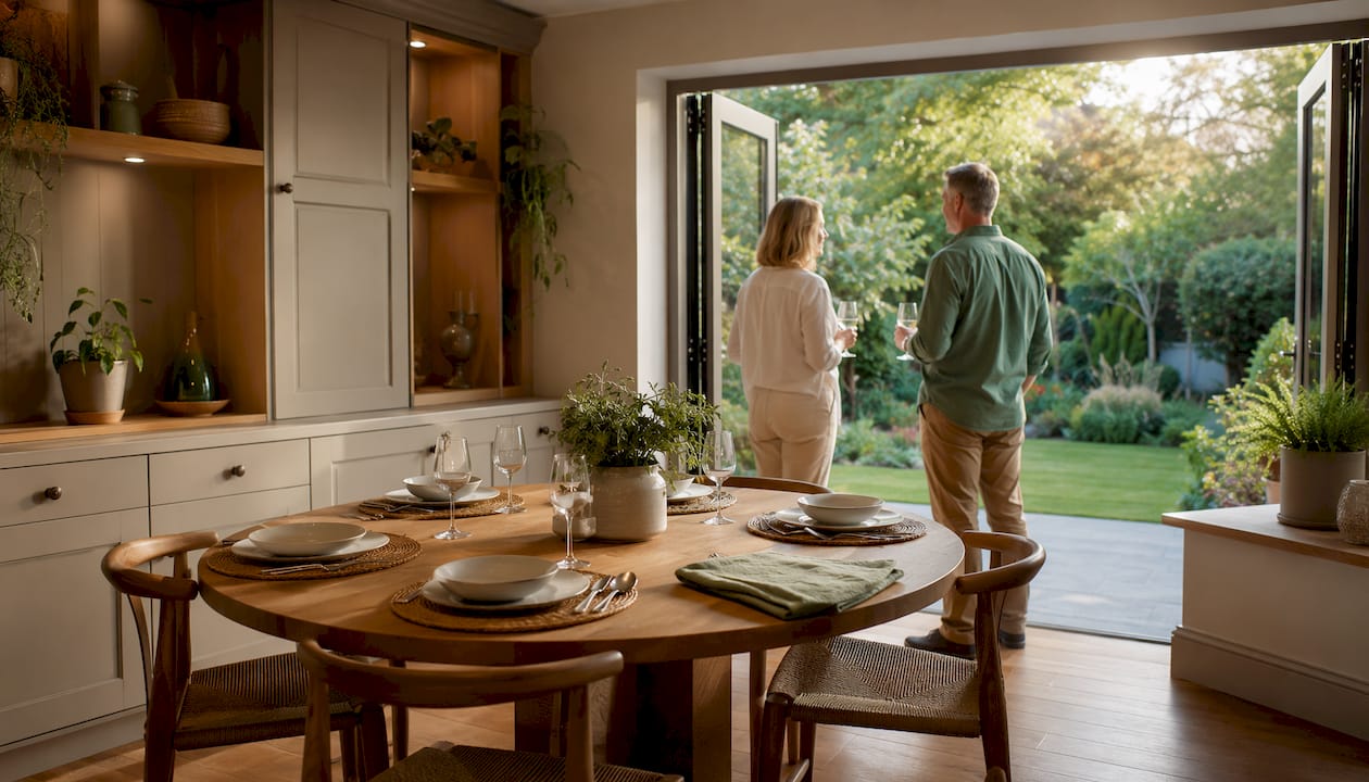 Round table dining extension with garden flow