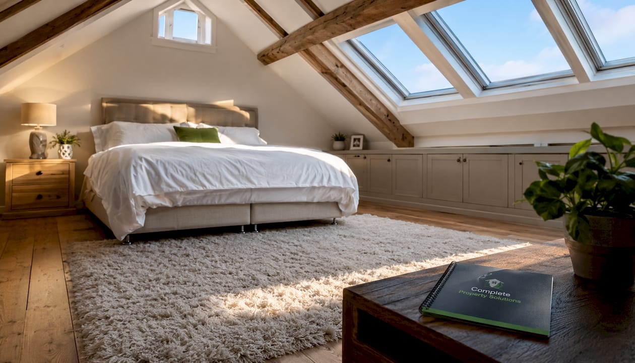 Finished loft bedroom with roof windows