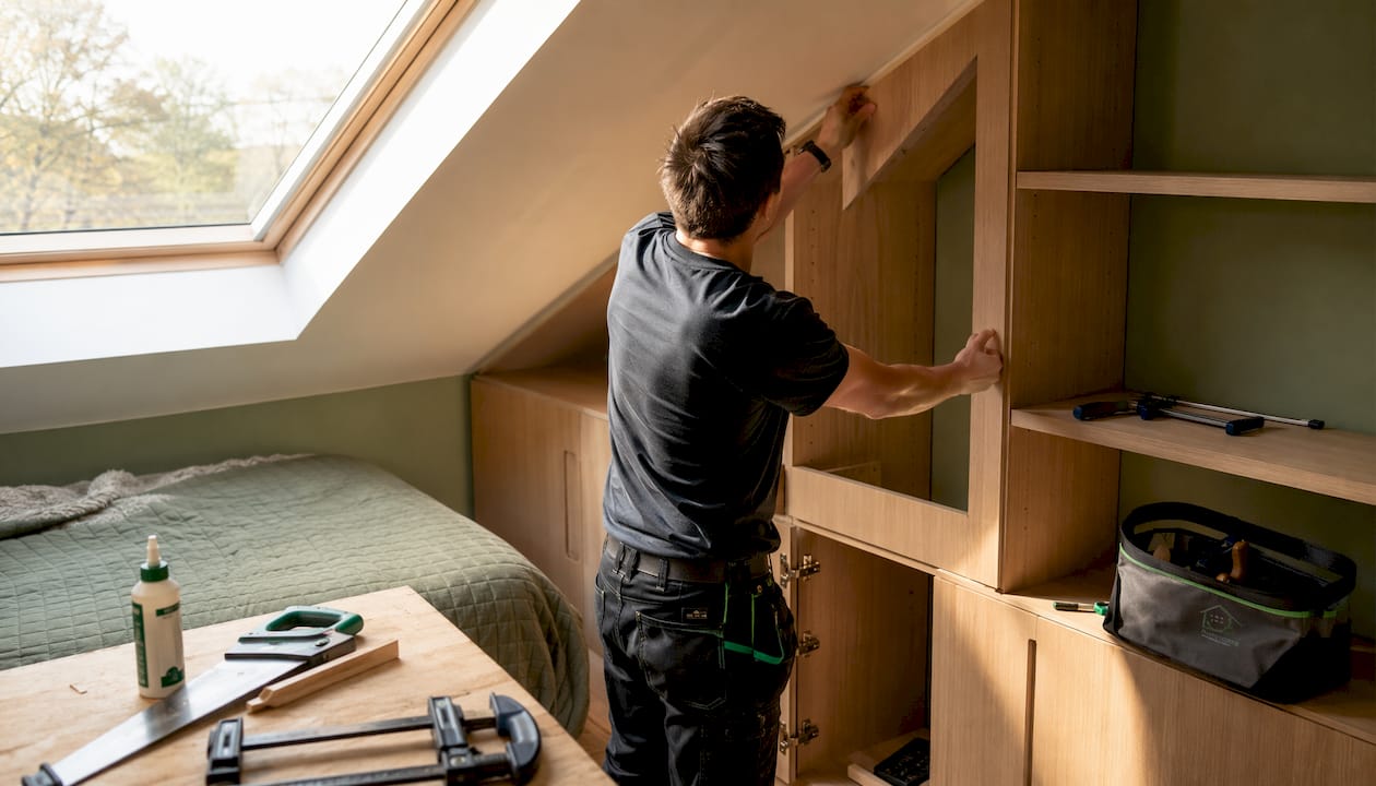 Carpenter installing built-in loft storage