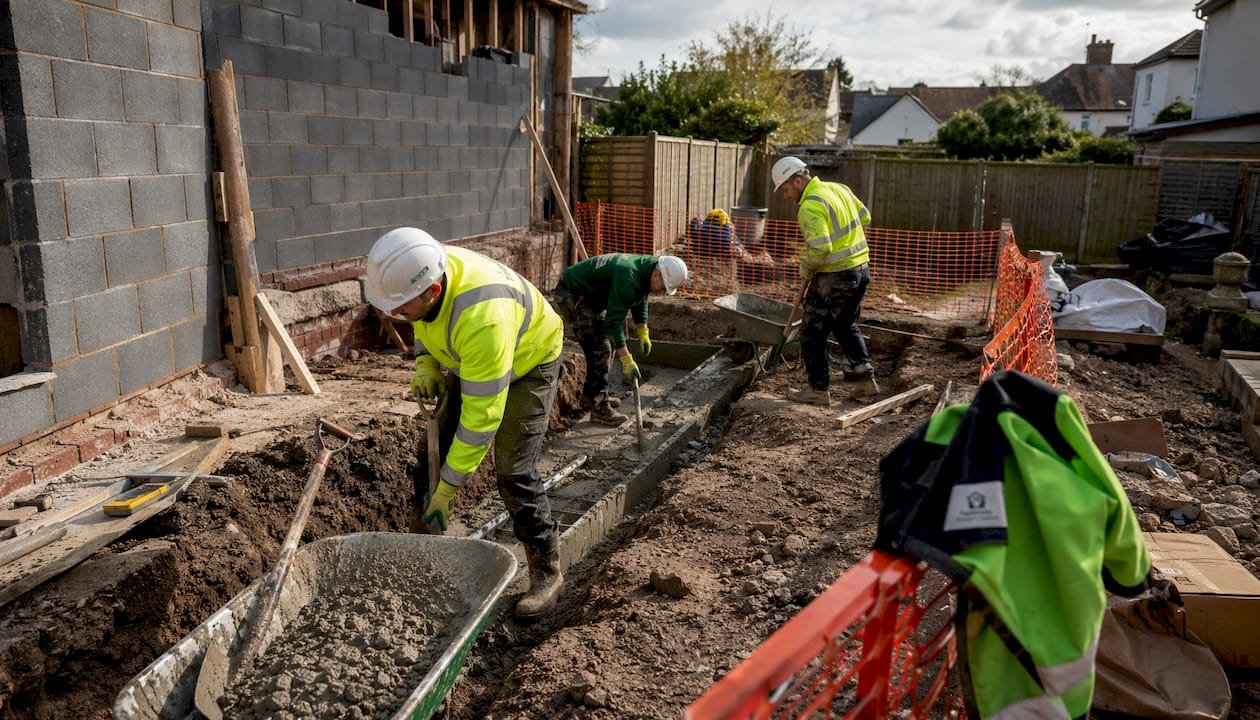 Construction team at lean-to extension foundations