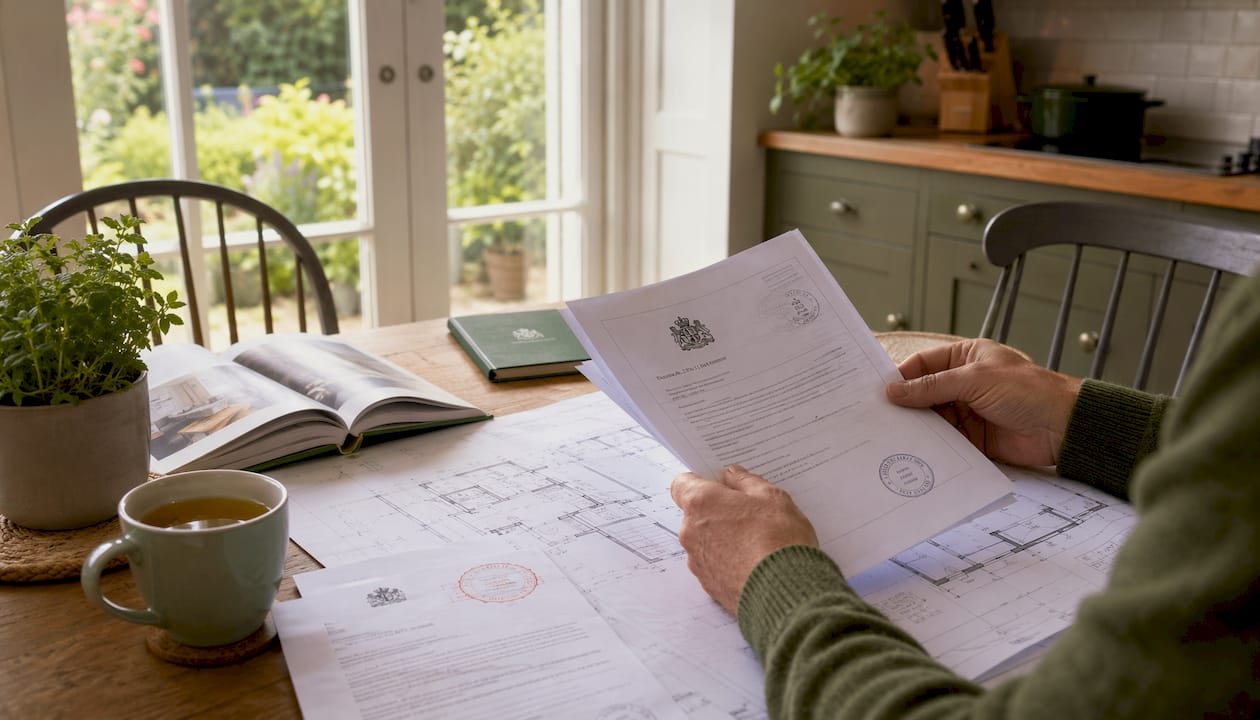 Hands holding planning approval documents on desk
