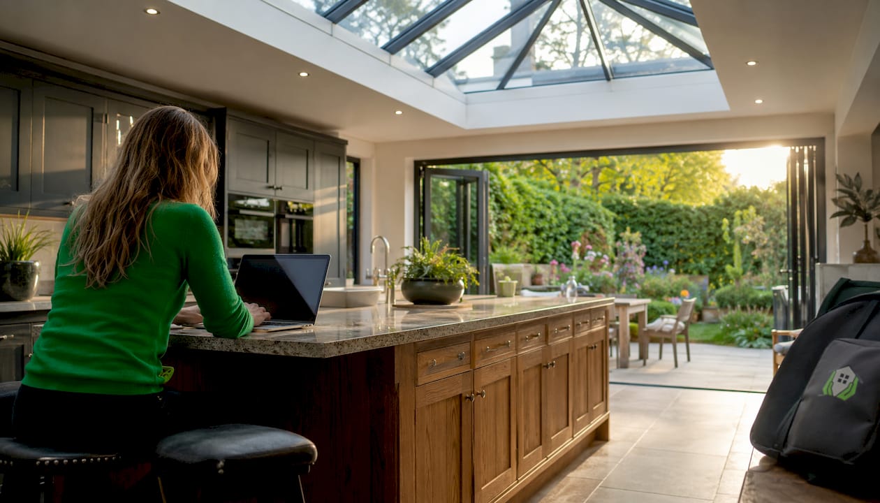 Bright kitchen extension with roof lantern and bi-fold doors