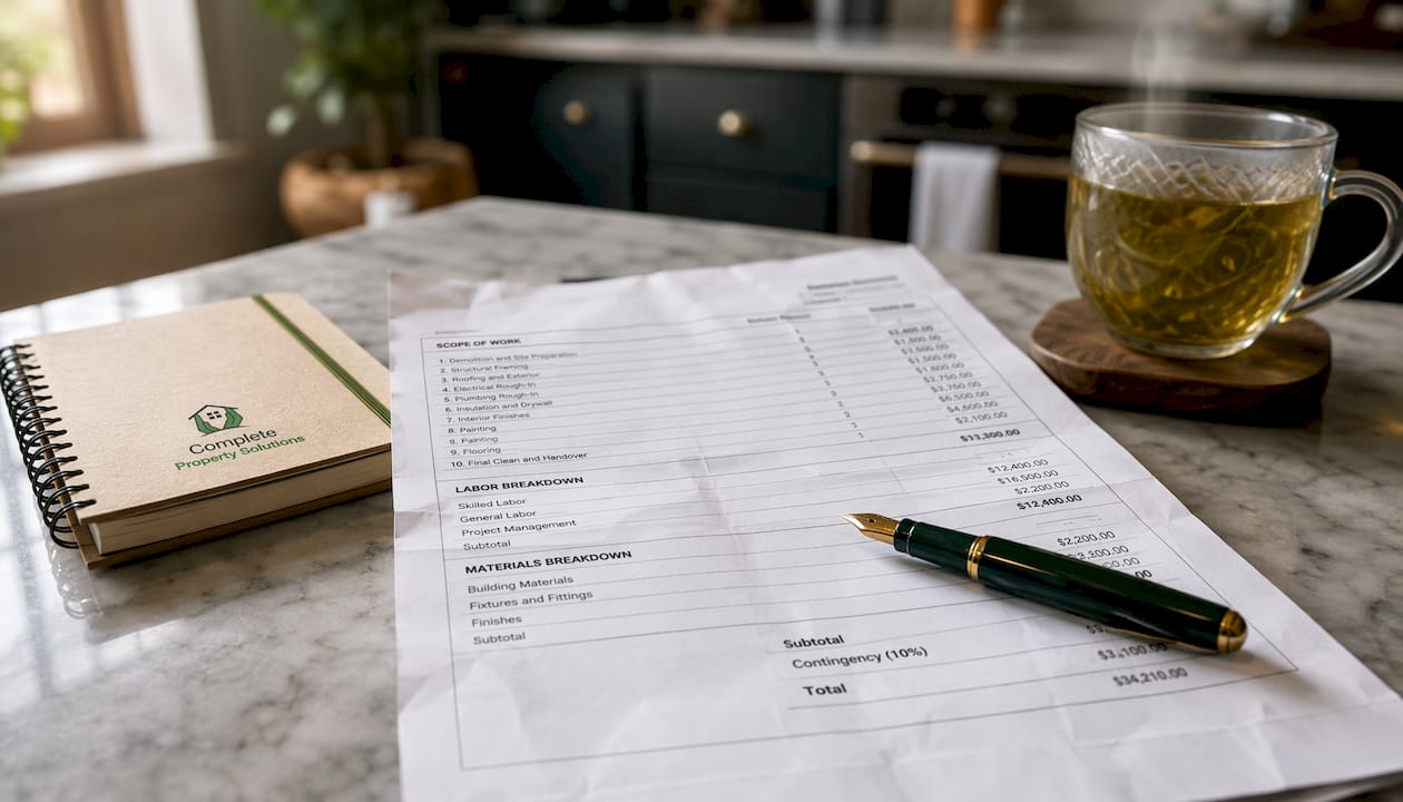 Close-up of itemised builder quotation document