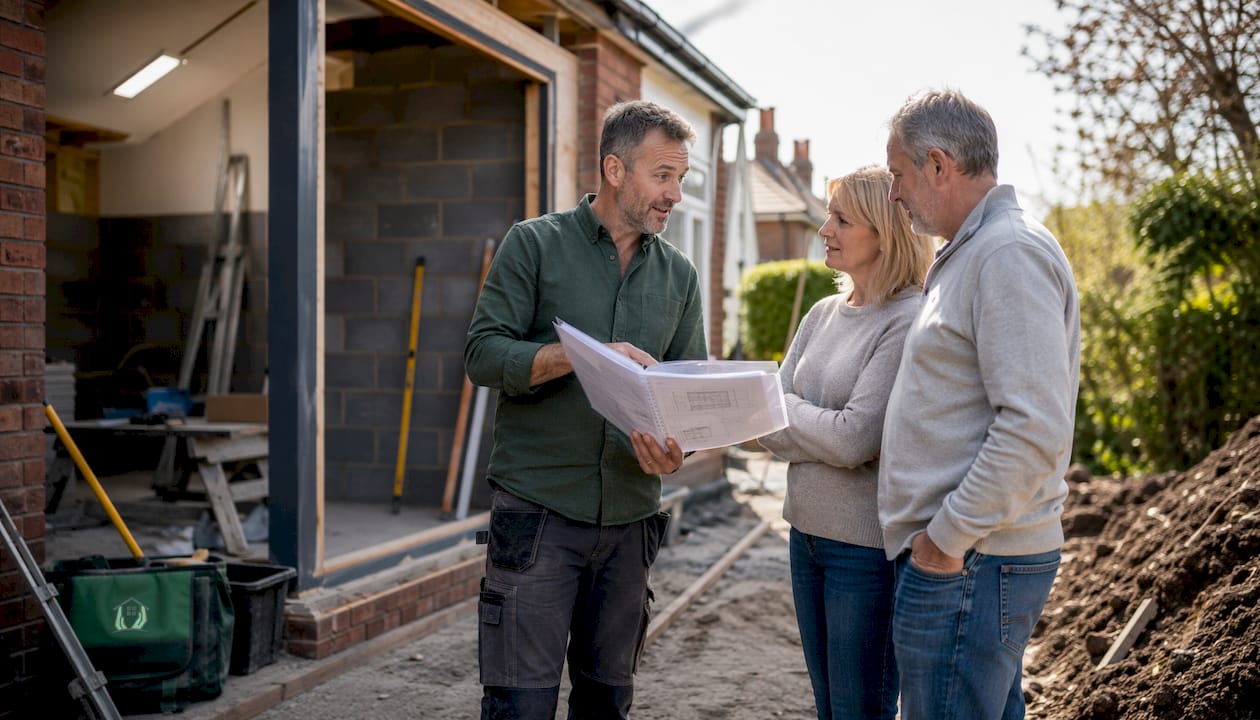 Builder and homeowners reviewing extension plans outdoors