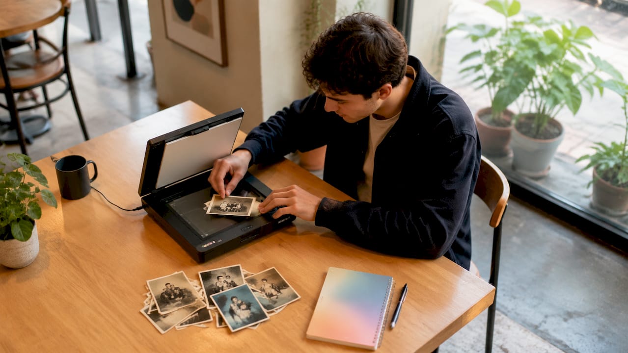 Un jeune homme numérise des vieilles photos de famille pour en garder le souvenir.