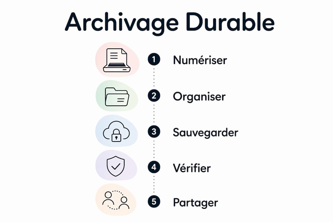 Visuel présentant les grandes étapes pour organiser et conserver les archives familiales