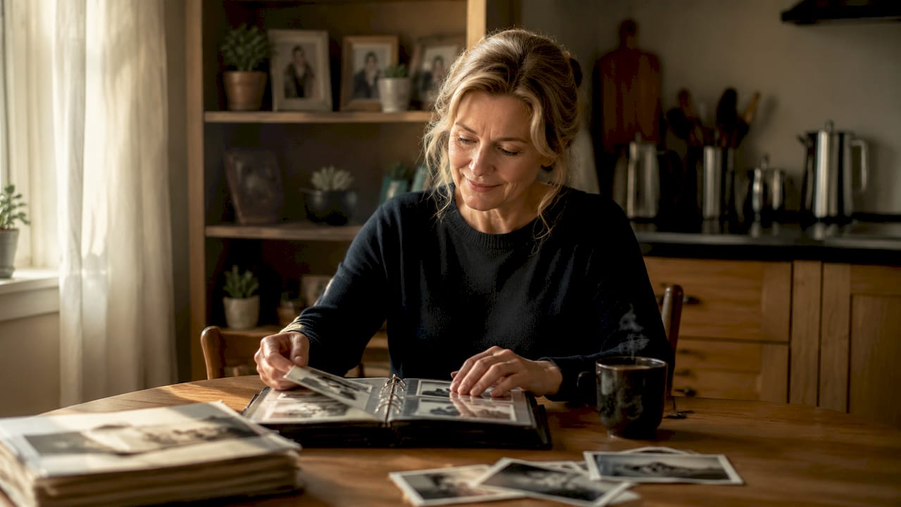 Une femme replonge dans ses souvenirs de famille, feuilletant à la fois de vieux albums photos et consultant des archives numériques.