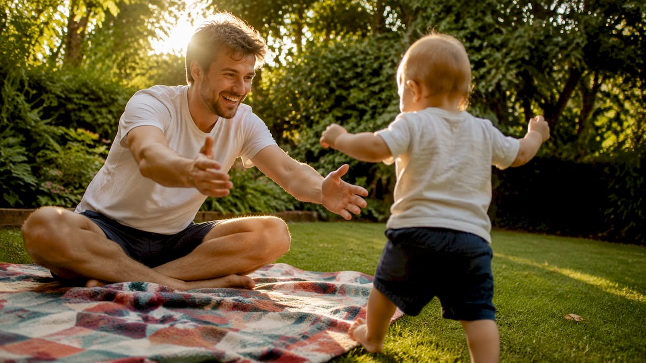 Un papa encourage son tout-petit à faire ses premiers pas dans la crèche, fier de le voir avancer d’un pas hésitant mais déterminé.