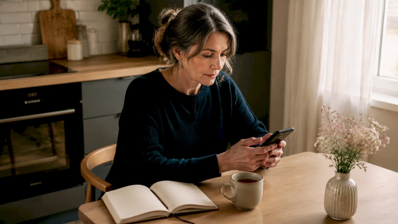 Une femme feuillette son album photo de famille sur une tablette.