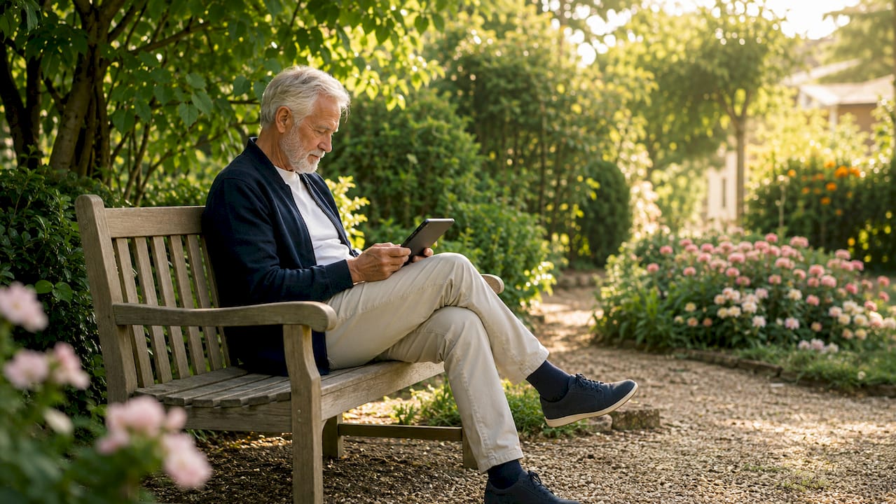 Un senior en train de consulter une notification sur sa tablette