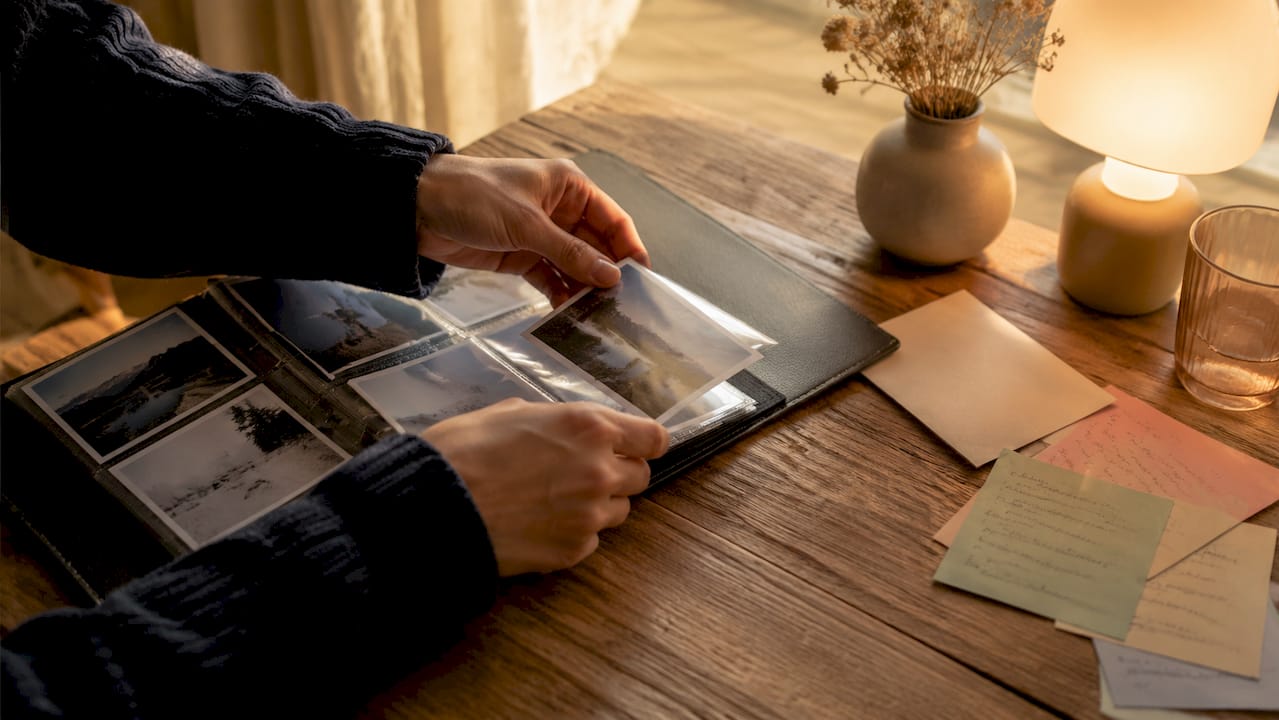 Des mains feuilletant un album et glissant soigneusement des photos entre les pages