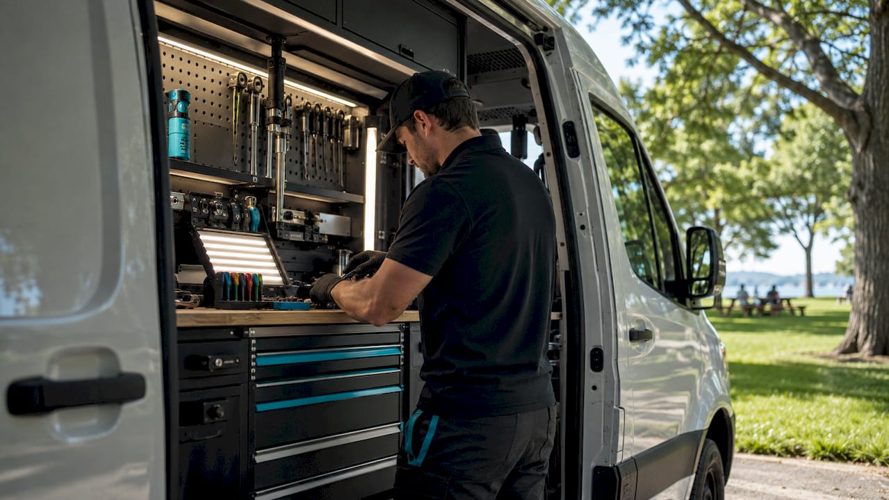 Interior of mobile dent repair service van