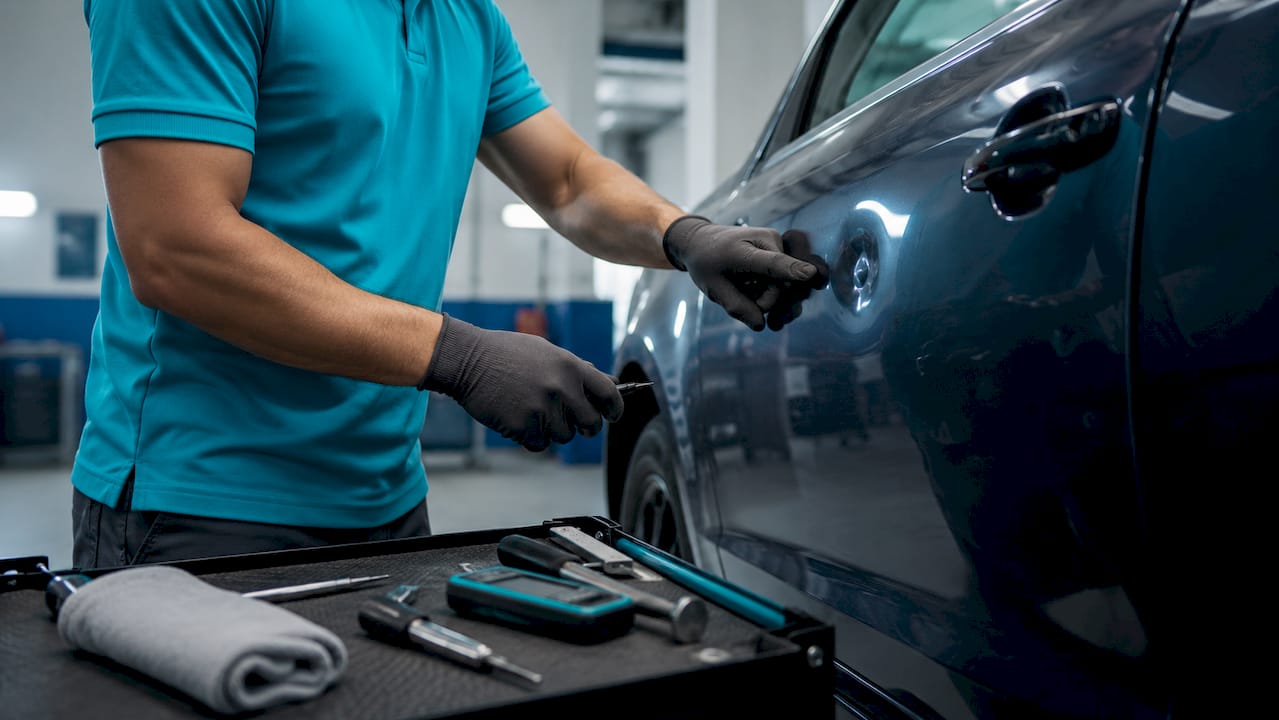 Technician inspecting a dent on car door in repair shop