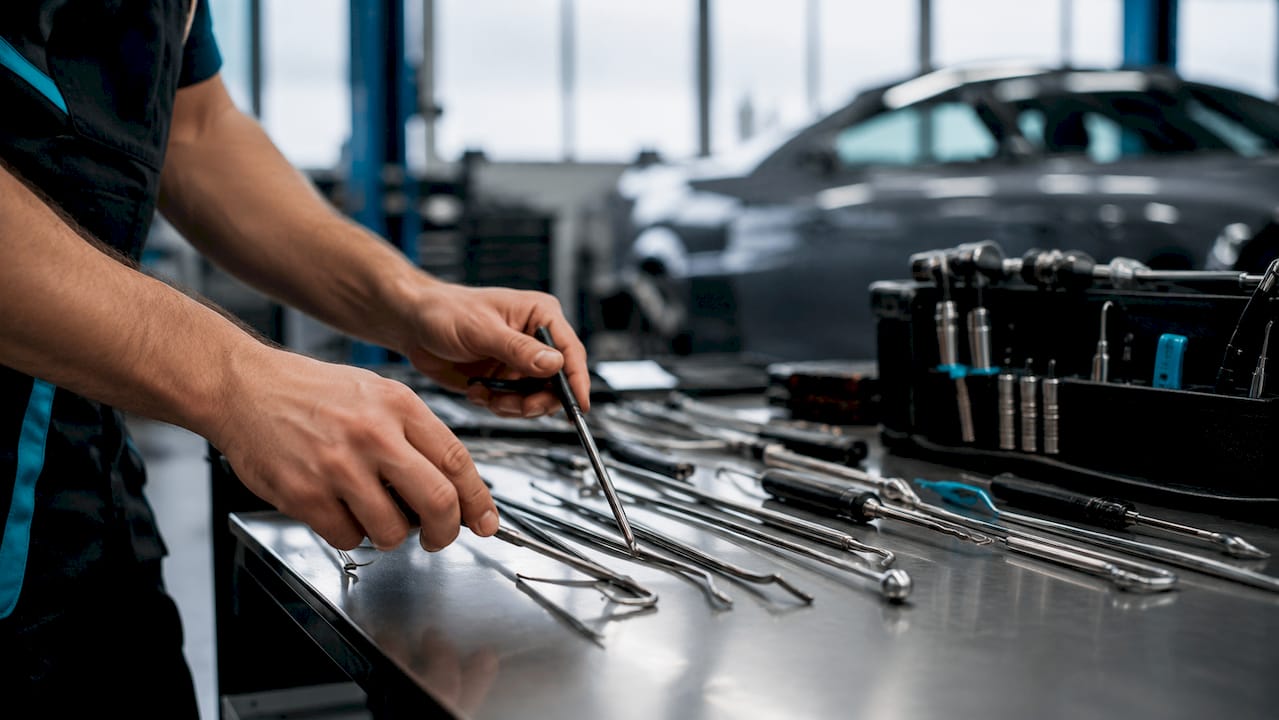 Close-up of PDR tools on workbench