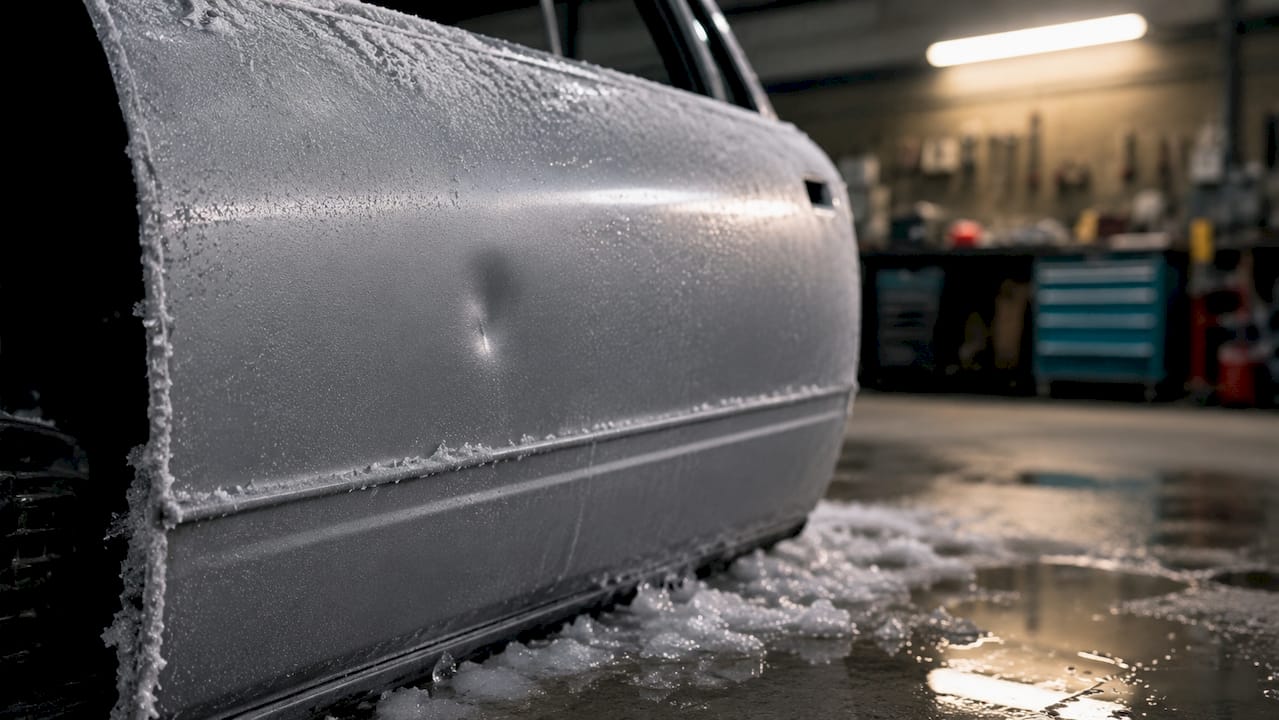 Close-up of dented frost-covered aluminum car panel