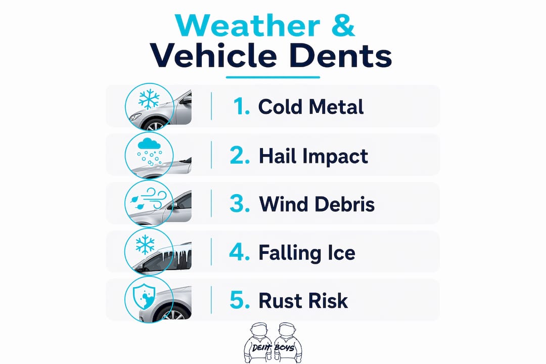 Infographic outlining five main weather causes of vehicle dents