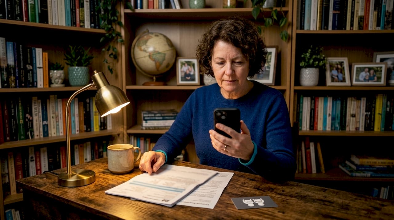Woman scheduling car dent repair at kitchen table