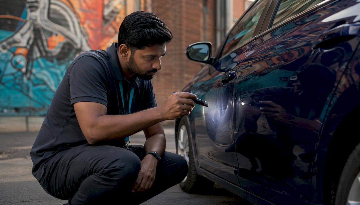 Man inspecting car dent with flashlight outdoors
