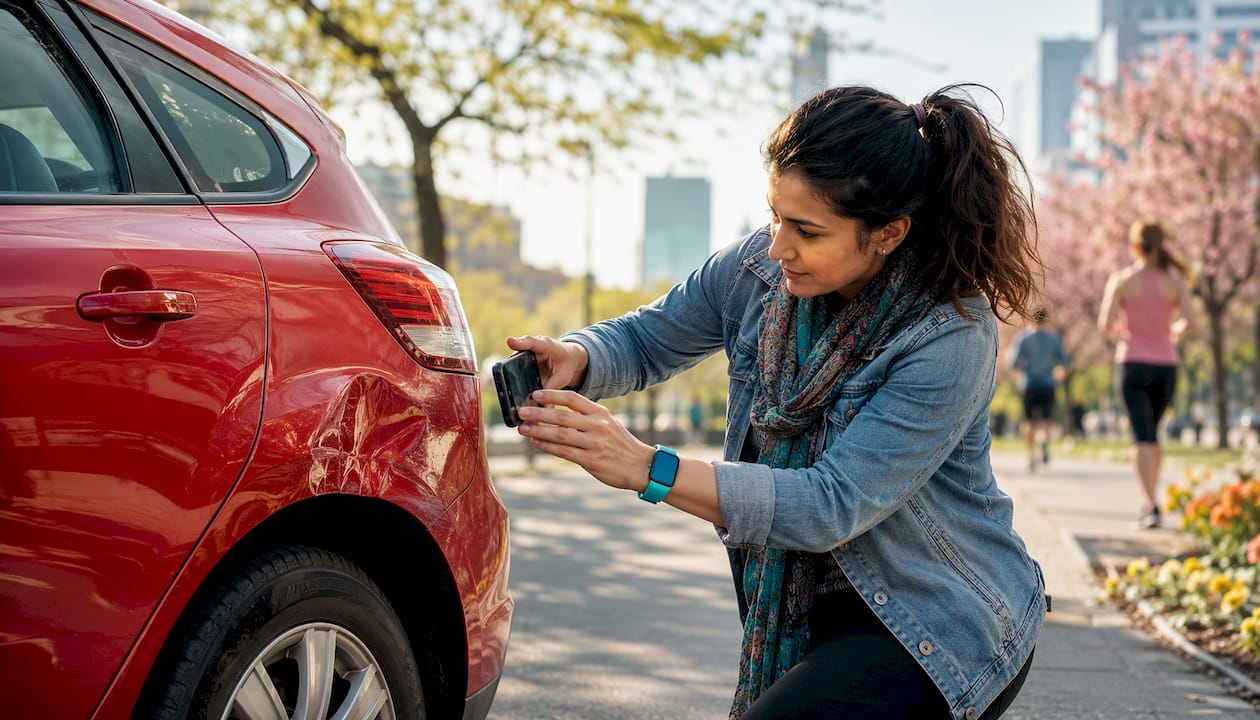 Car owner photographing dent damage outdoors