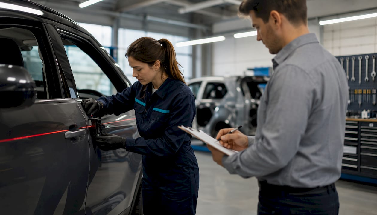 Two technicians inspecting replaced car panel