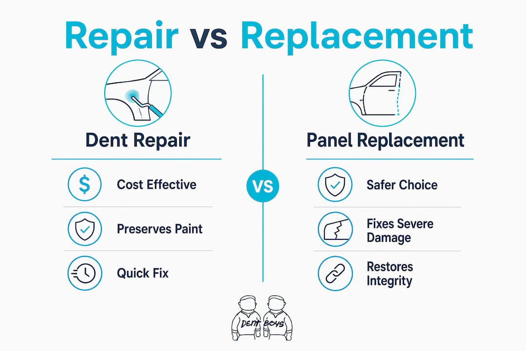 Infographic comparing dent repair and panel replacement
