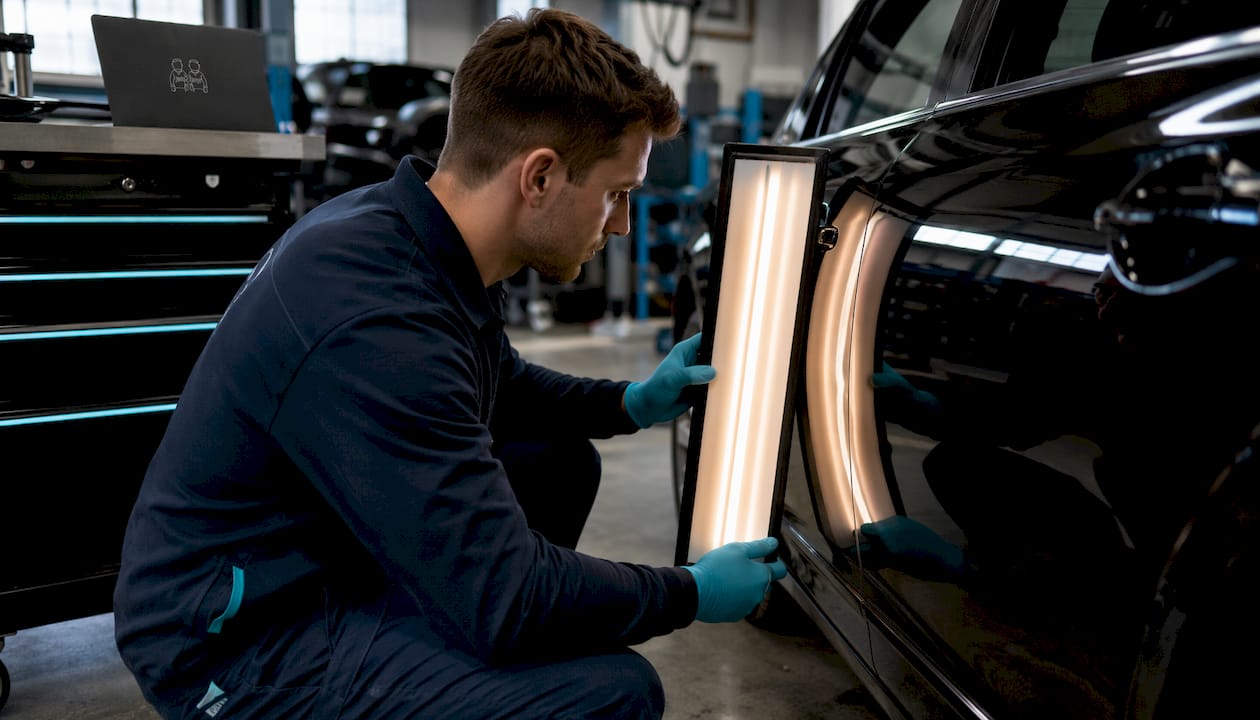 Technician inspecting dent with reflection board light